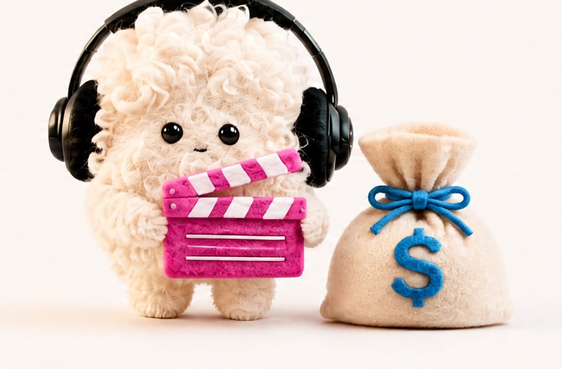 Clem con su claqueta magenta junto a una bolsa de dinero de fieltro con un signo de dólar azul.
