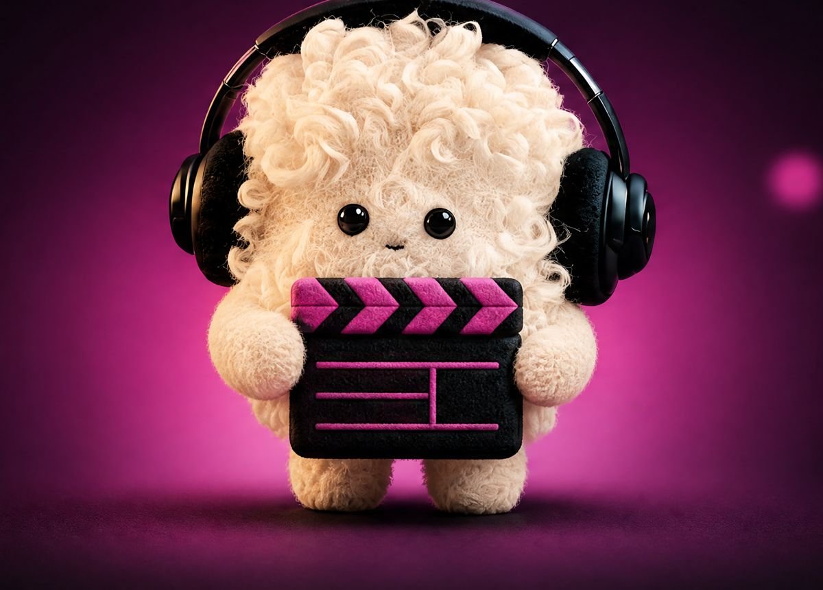 Clem, un muñeco de lana color crema con auriculares negros, sostiene una claqueta bajo un foco de luz magenta.